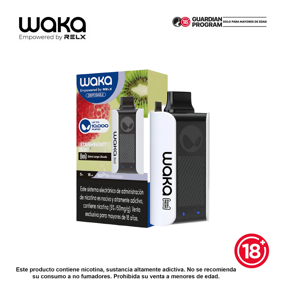 Vaper WAKA soPro PA10000 10K puffs sabor Strawberry Kiwi, recargable, foto del kit con caja “Empowered by RELX” — Bloomamrt Colombia.