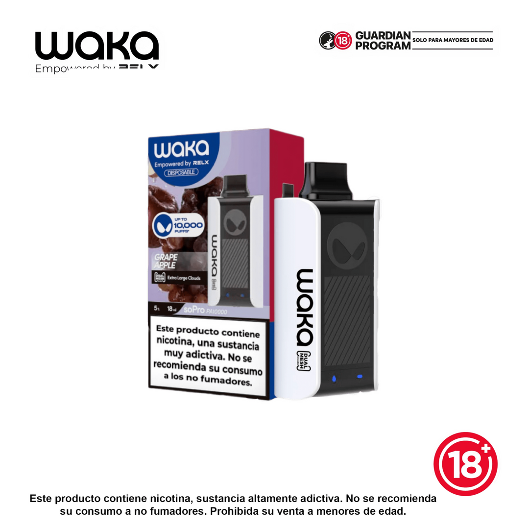 Vape recargable WAKA soPro PA10000 10K puffs sabor uva manzana, imagen del dispositivo y empaque — Bloomamrt Colombia.