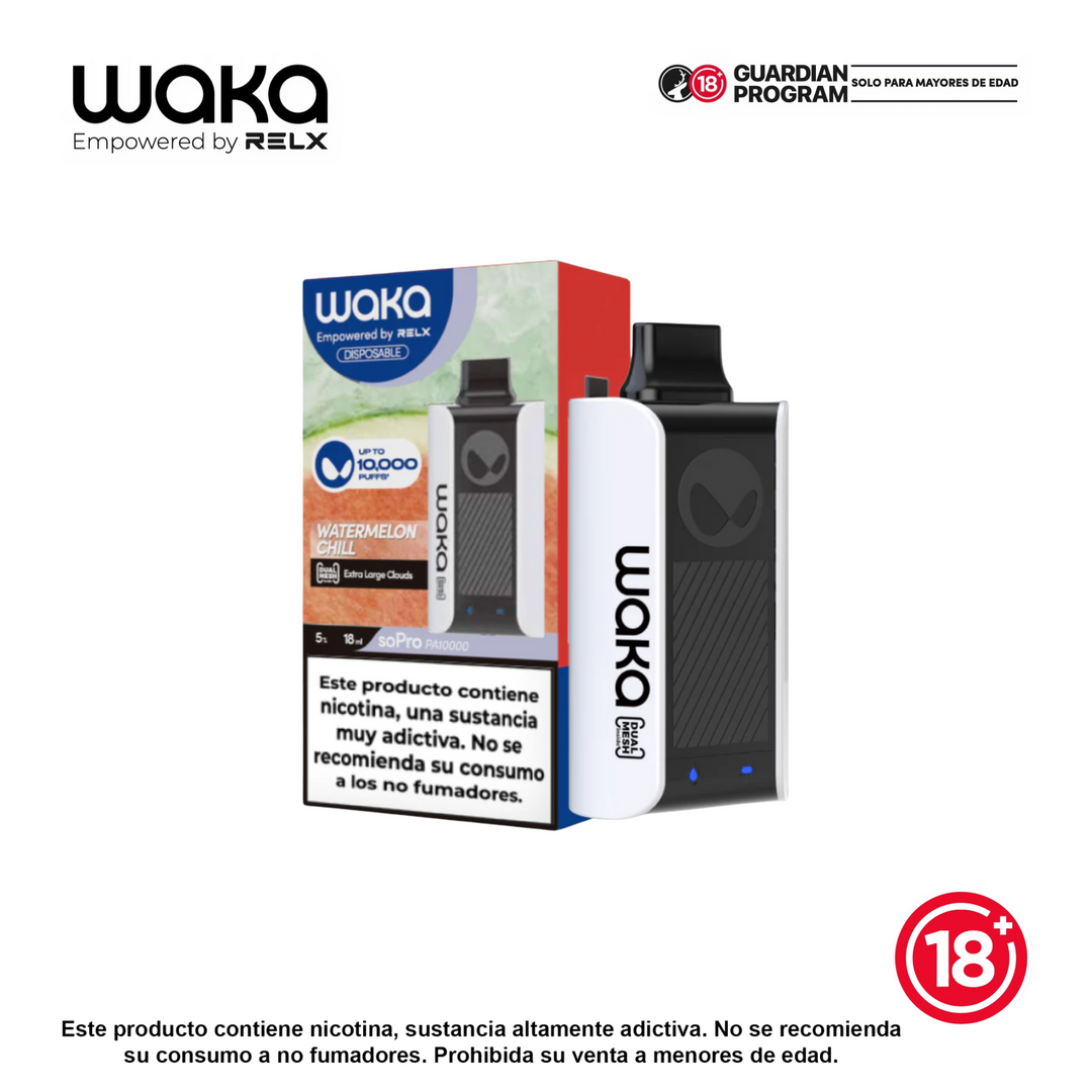 Vaporizador WAKA soPro PA10000 10K puffs sabor Watermelon Chill (sandía), recargable, empaque y pod en imagen — Bloomamrt Colombia.