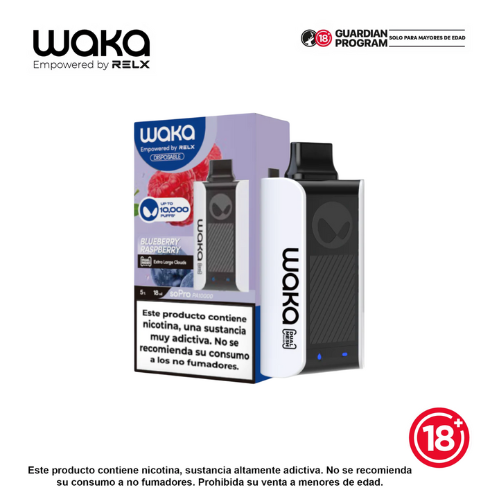 Cigarrillo electrónico desechable WAKA soPro PA10000 10K puffs sabor Blueberry Raspberry, foto de caja y equipo — Bloomamrt Colombia.