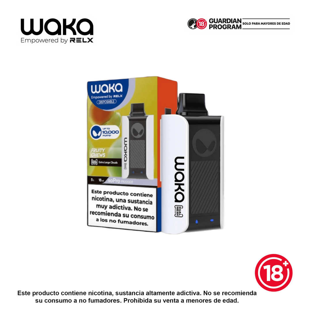 Vape desechable WAKA soPro PA10000 10K puffs sabor Fruity Chews, recargable USB-C, “Empowered by RELX”, empaque y dispositivo — Bloomamrt Colombia.