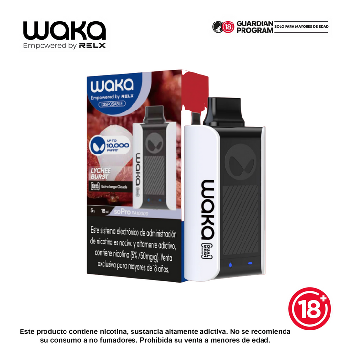 Vaper desechable WAKA soPro PA10000 10K puffs sabor Lychee Burst, branding RELX, presentación con caja — Bloomamrt Colombia.