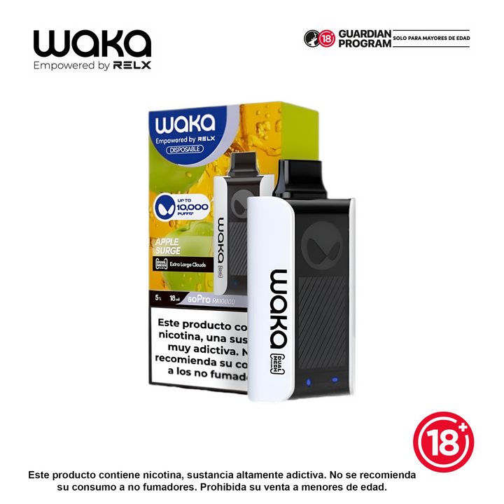 Vape recargable WAKA soPro PA10000 10K puffs sabor Apple Surge (manzana), imagen del dispositivo y empaque — Bloomamrt Colombia.