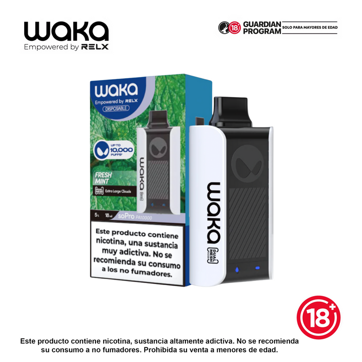 Cigarrillo electrónico WAKA soPro PA10000 10K puffs sabor Fresh Mint, desechable recargable, kit con caja — Bloomamrt Colombia.