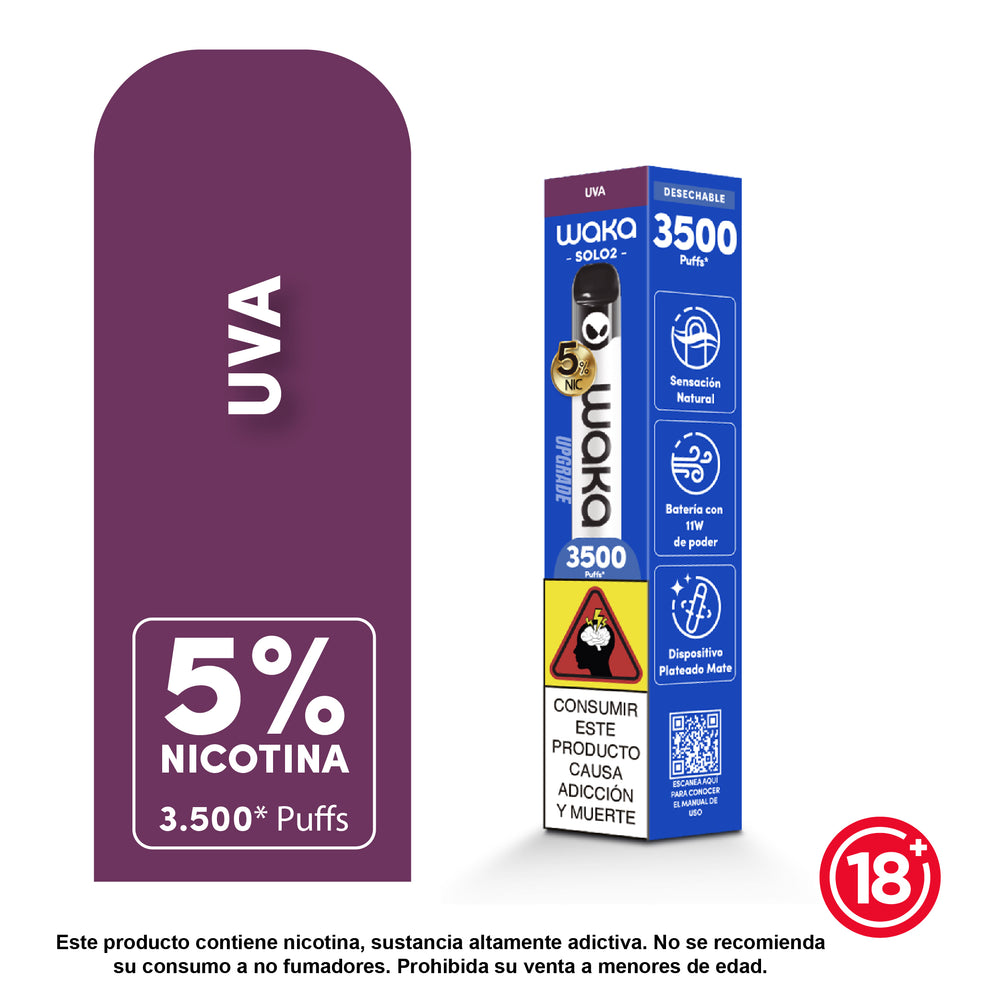 Vaporizador Waka Solo 2 desechable 3500 puffs sabor uva 5% nicotina
