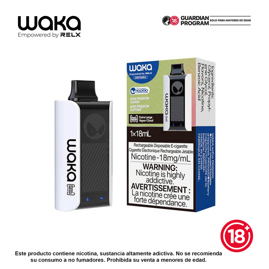 Cigarrillo electrónico WAKA soPro PA10000 (10 000 puffs) sabor Kiwi Guayaba, versión recargable, caja y pod visibles — Bloomamrt Colombia.