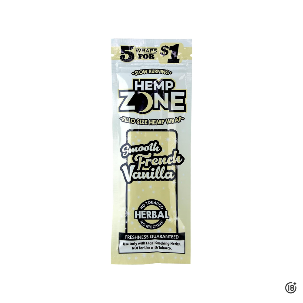 Wraps Hemp Zone French Vanilla de combustión lenta, libres de nicotina y tabaco.