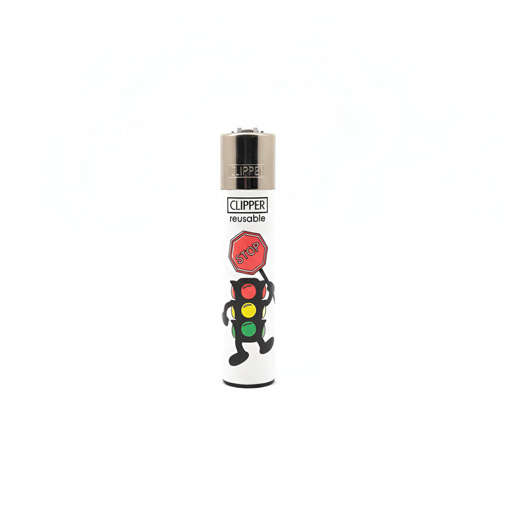 Encendedor Clipper Forbidden Signals Stoplight, con diseño de semáforo y señal de stop.