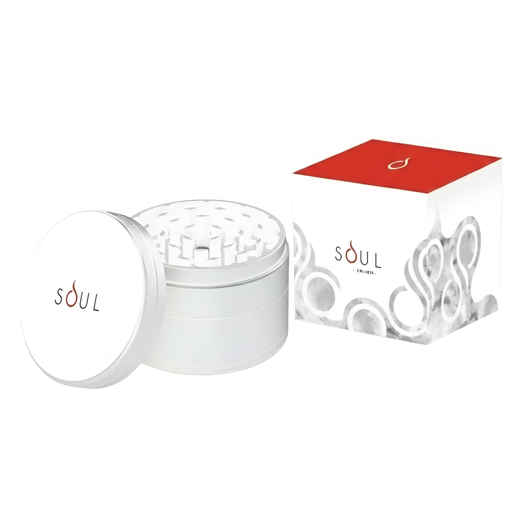 Grinder SOUL blanco de aluminio, diseño minimalista y duradero con 4 partes.