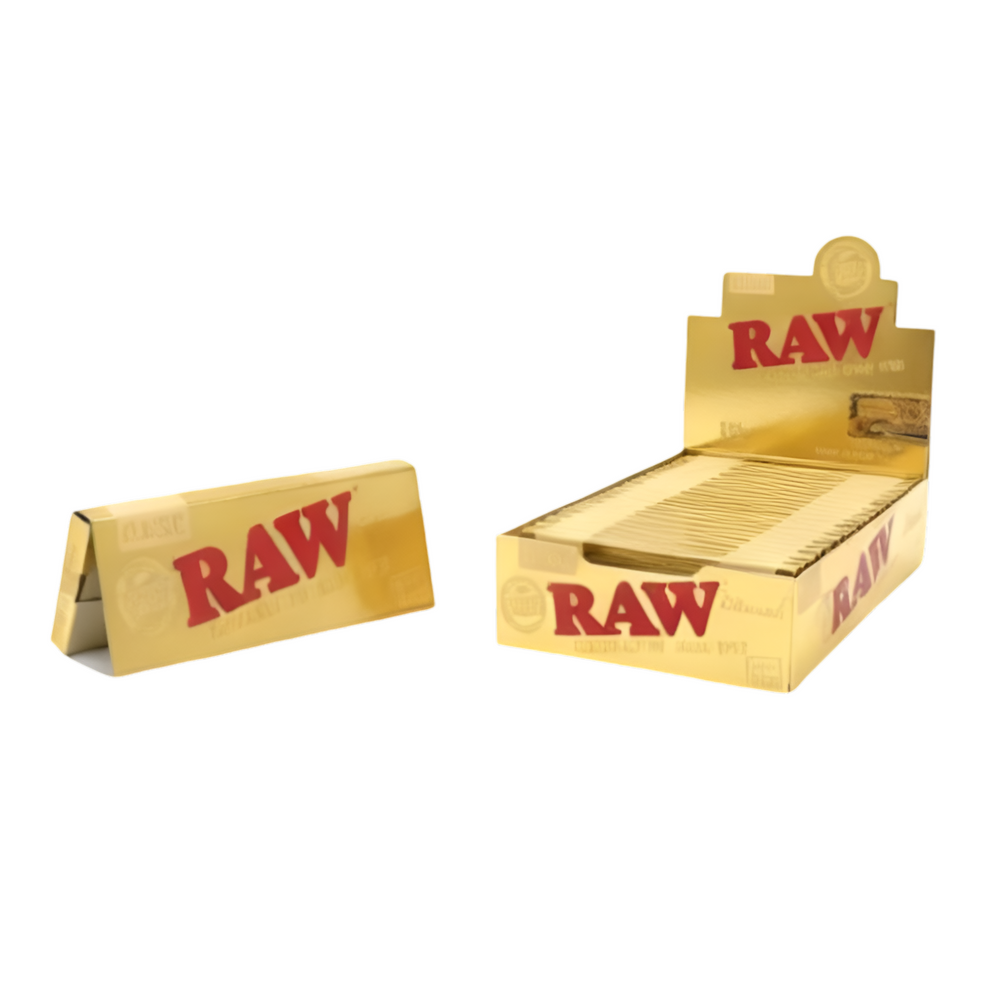 Caja display de papeles RAW Ethereal Classic dorado, presentación profesional con múltiples unidades.