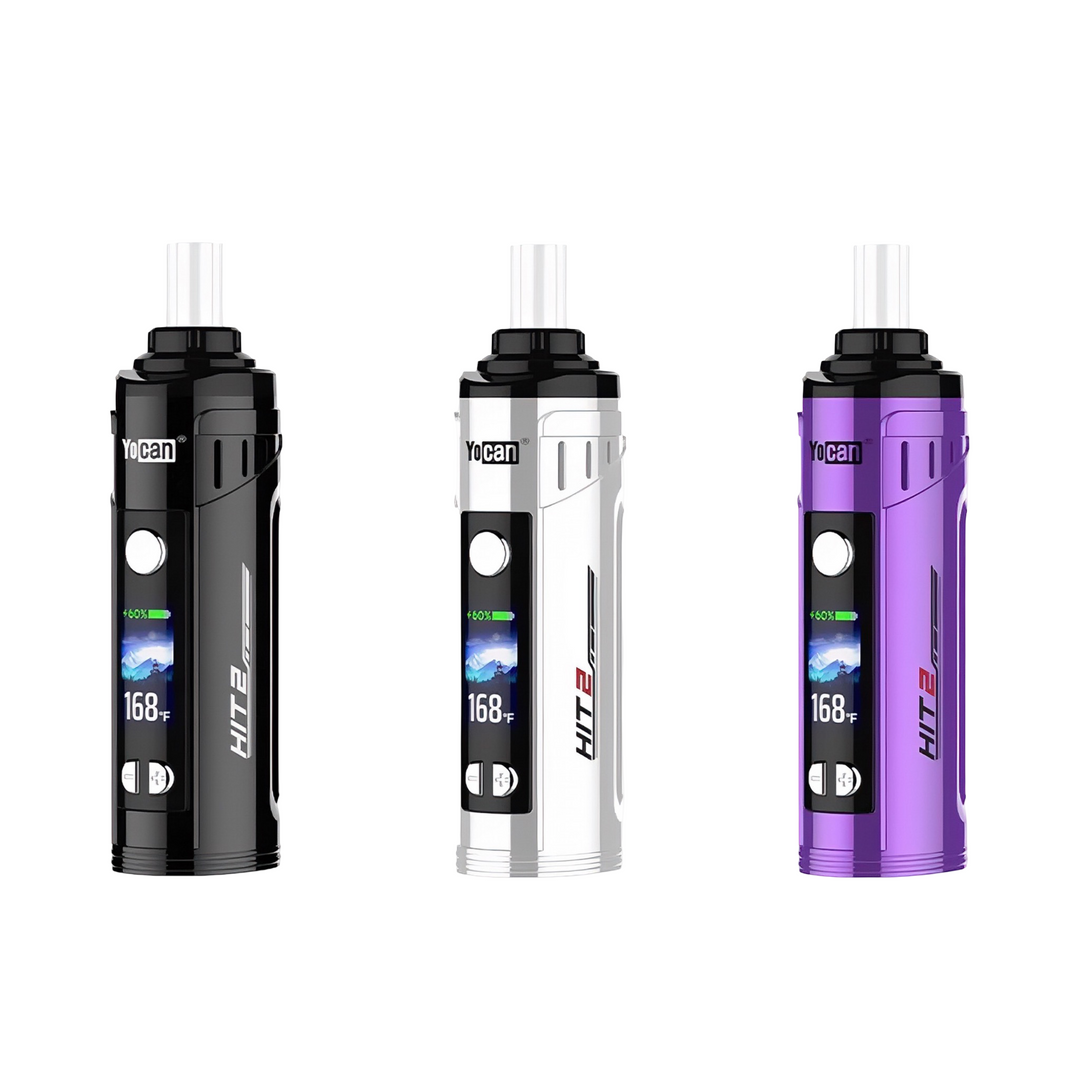 Vaporizador Yocan Hit 2 en colores negro, blanco y púrpura con pantalla digital y control de temperatura