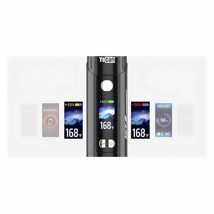 Interfaz de pantalla digital del vaporizador Yocan Hit 2 con indicadores de batería, temperatura y precalentamiento