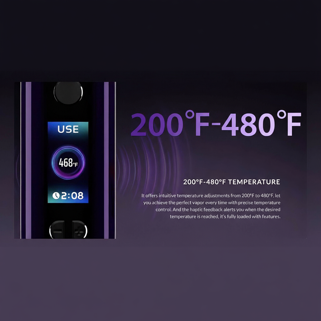 Pantalla del vaporizador Yocan Hit 2 mostrando rango de temperatura ajustable de 200°F a 480°F