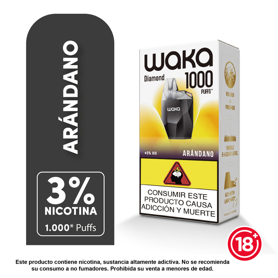 Vaporizador Waka Mini Diamond 1000 Puffs sabor arándano con 3% de nicotina.